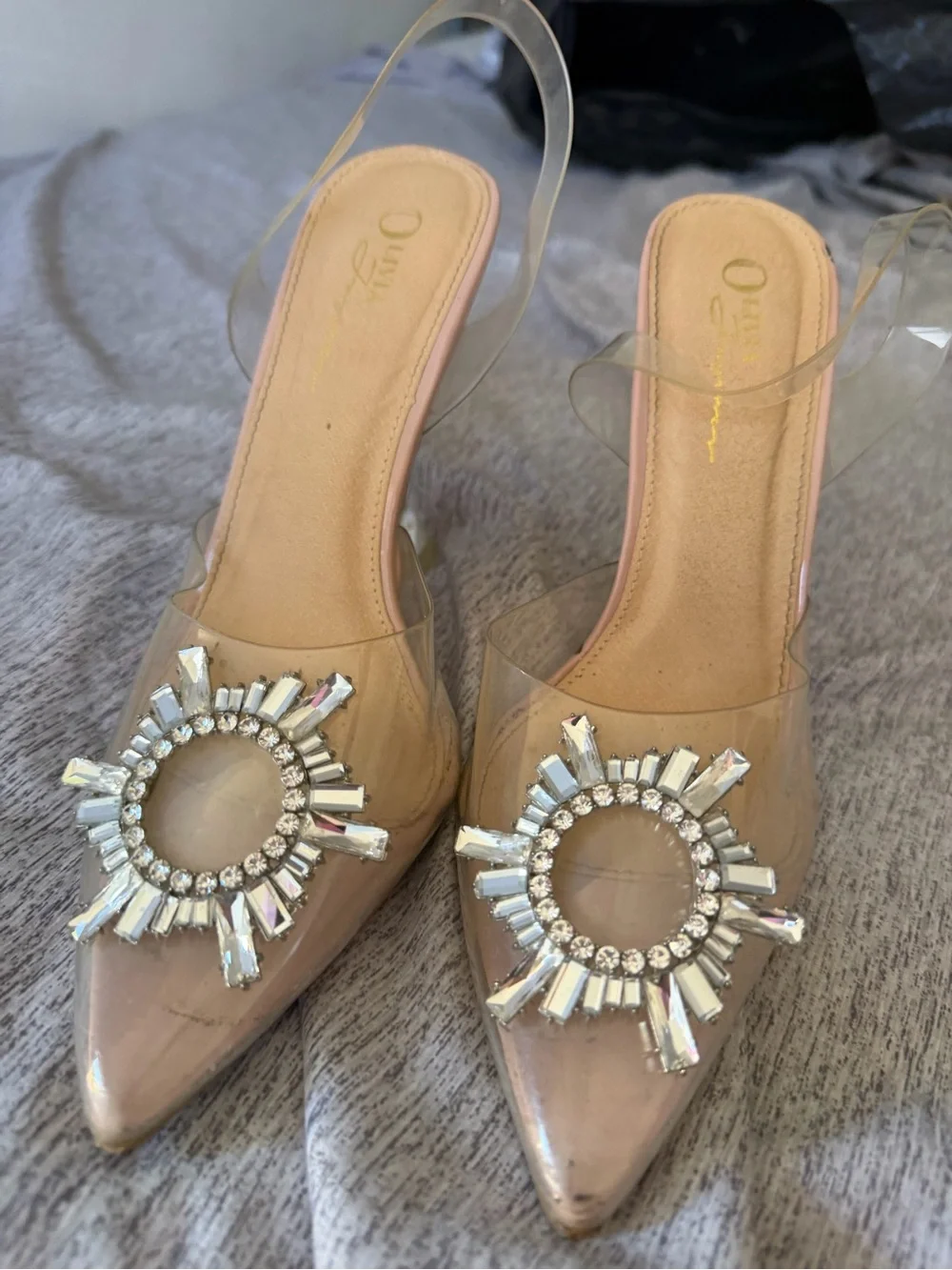 Crystal-Embellished Clear Nude Pointed Slingback Heels